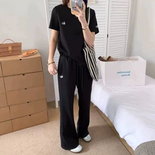 夏季新款简约字母刺绣短袖T恤微喇阔腿裤两件套女时尚休闲运动套