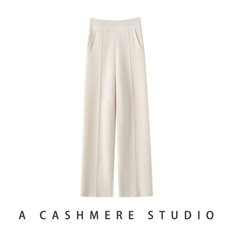 Thickened 100% cashmere wide-leg pants with a pocket and center seam, perfect for autumn and winter, offering a comfortable and relaxed fit for commuting