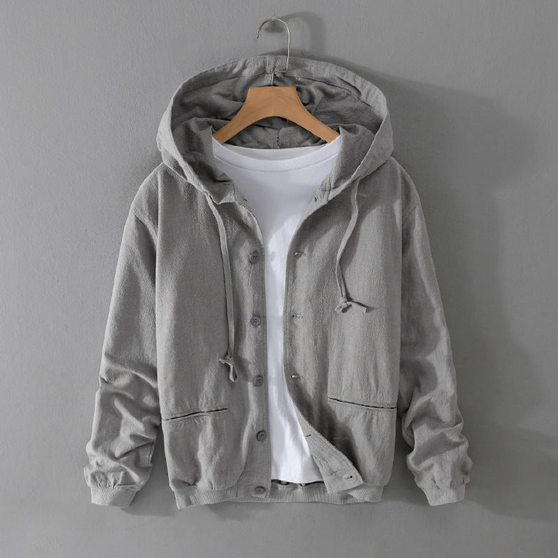Spring and Autumn Men's Linen Jacket Hooded Jacket Loose Simple Casual Youth Fashionable Cotton and Linen Men's Top Y201