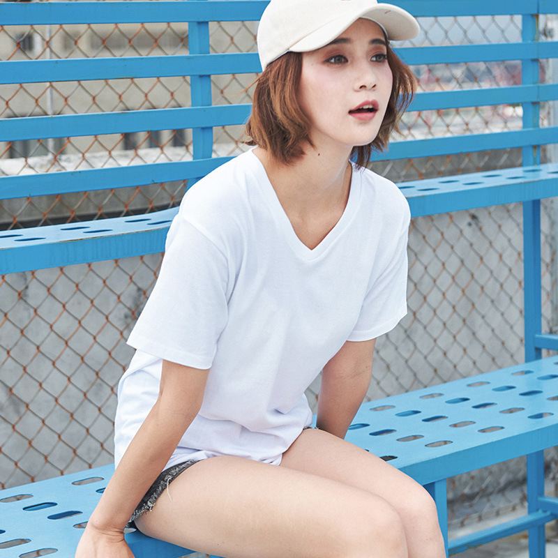 250g Japanese style 2020 Summer new short sleeve V-neck cotton white T-shirt design sense men's and women's bottoming shirt can be customized 250g Japanese style 2020 Summer new short sleeve V-neck cotton white T-shirt design sense men's and women's bottoming shirt can be customized