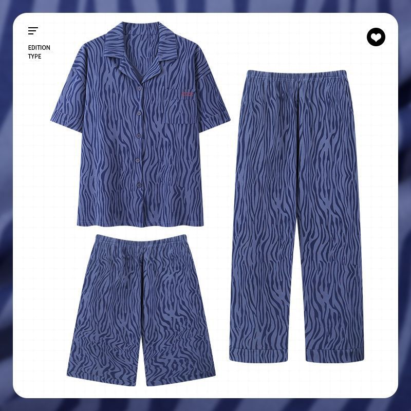 Pijamas 100% algodón de los hombres de verano Pantalones cortos de manga corta de los hombres delgados verano más tamaño homewear traje de tres piezas