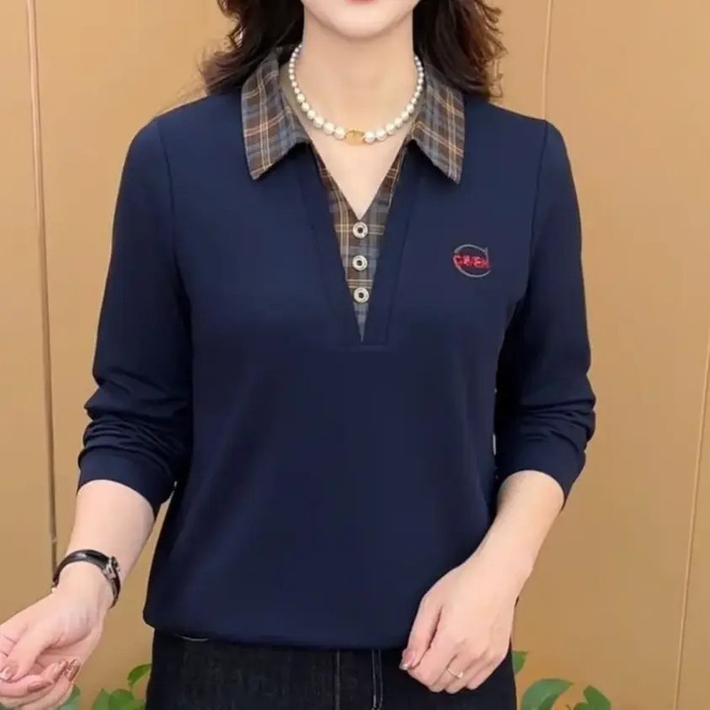 秋季新款时尚翻领假两件气质卫衣妈妈装休闲减龄显瘦长袖女士上衣|undefined