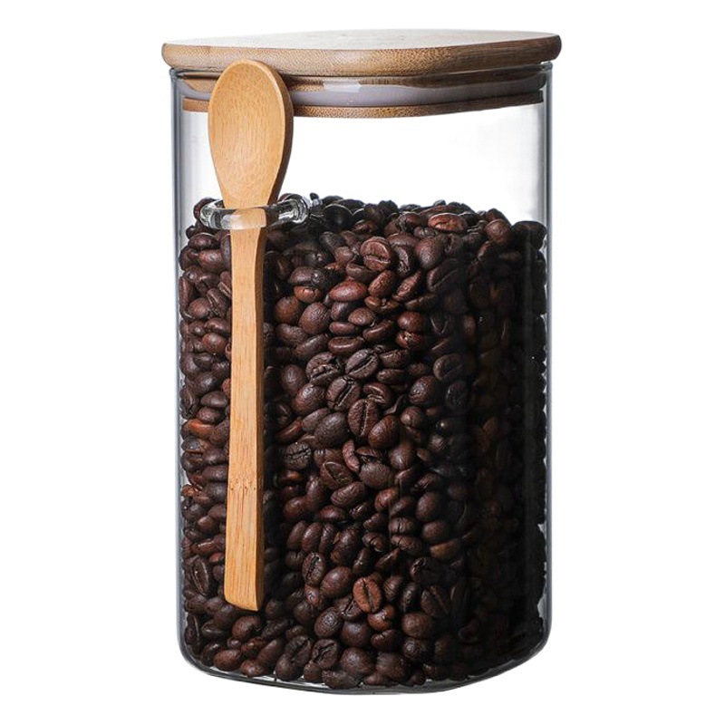 Fábrica al por mayor vidrio cuadrado sellado frasco de almacenamiento con cuchara de madera caja de condimento frascos de almacenamiento de granos de café caja de suministros de cocina