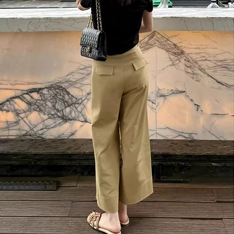 卡其色高腰直筒阔腿休闲裤女夏季新款显瘦梨形身材小个子九分裤|undefined