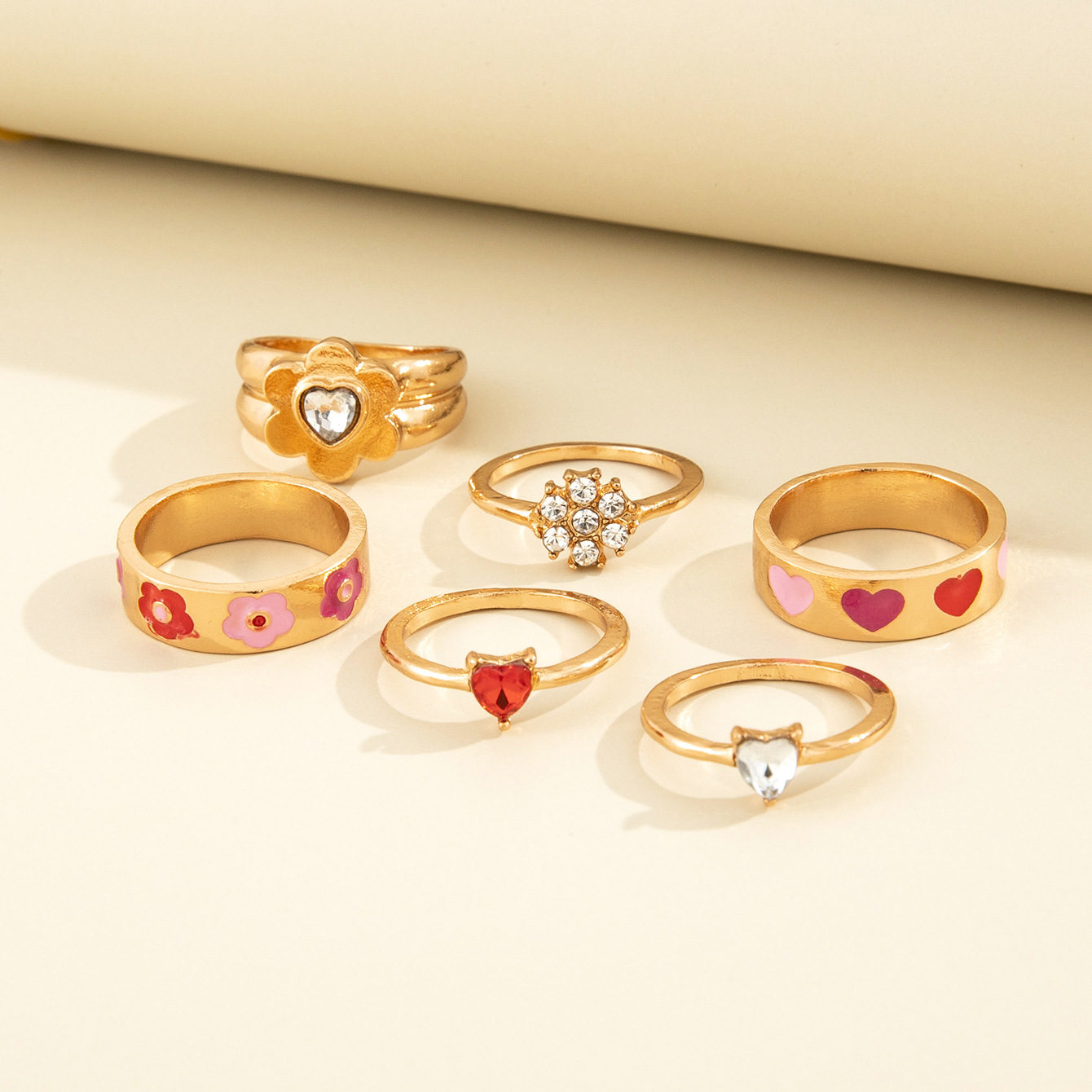 European And American Cross-border New Product Retro Color Love Flower Rhinestone Joint Ring Fashion Six-piece Set display picture 8