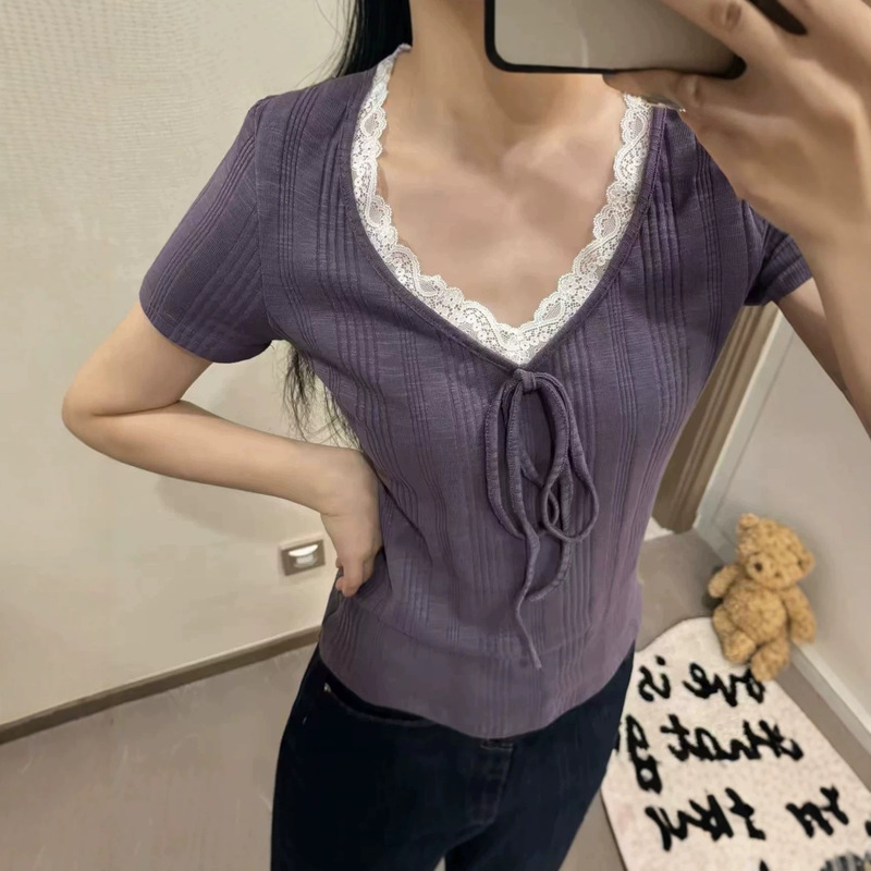 Purple V-Neck Lace-Up Short-Sleeve T-Shirt for Women, Summer Korean Style Slim Fit Versatile Top