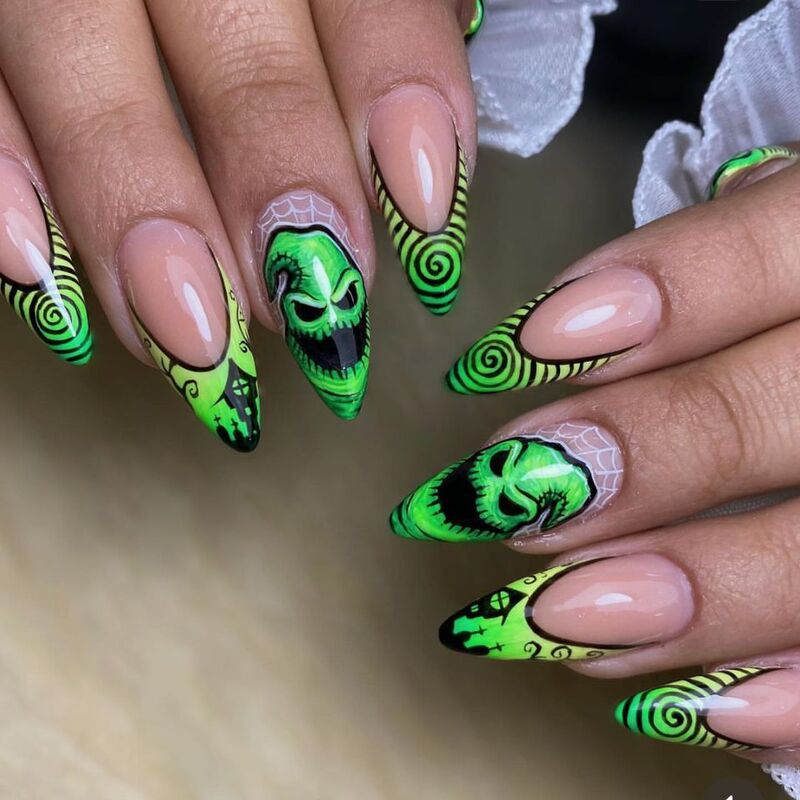 Wm-276 Evil Ghost French Almond Fake Nail Pieces Halloween Green Big Eyed Monster French Vortex Wearable Nail Pieces Wholesale