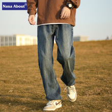 NASA复古水洗牛仔裤男秋冬季加绒美式高街裤子潮宽松阔腿直筒长裤