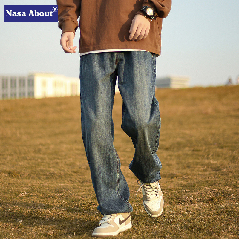 NASA Vintage Washed Jeans Men's Autumn and Winter fleece-lined American Style High Street Pants Fashionable Loose Wide Leg Straight Pants