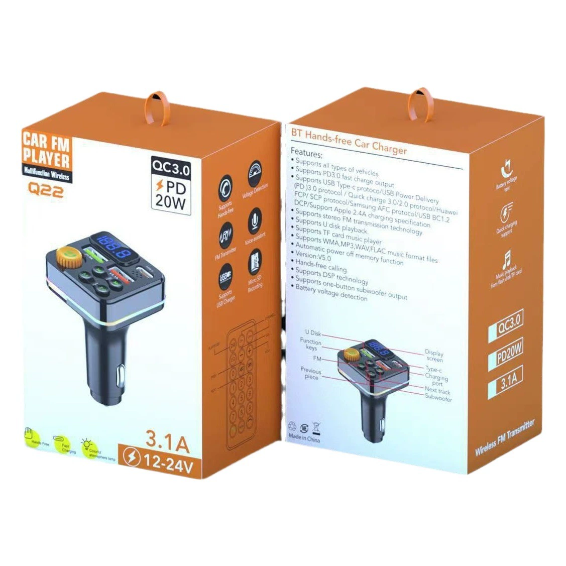 Q22QC автомобильный MP3 FM автомобильный Bluetooth-передатчик Bluetooth автомобильное зарядное устройство Быстрая зарядка PD20W-QC18W