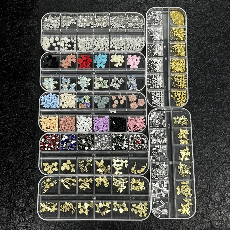 Alloy Bow-Shaped Long Strip Box Gold and Silver Nail Art Studs Half-Round Beads Butterfly Metal Nail Decorations Cross-Border Hot Item