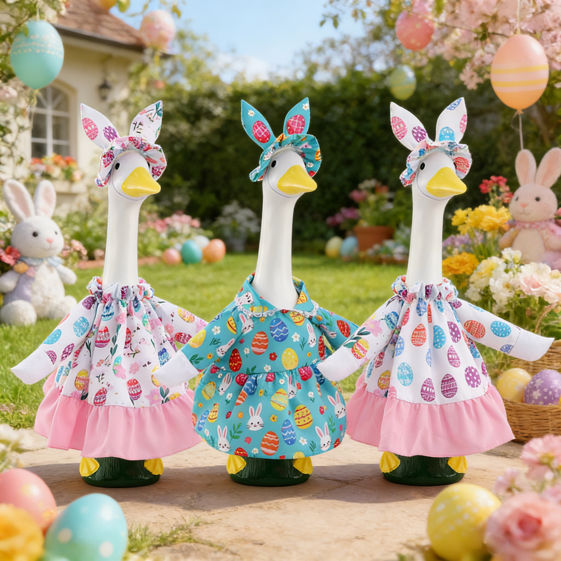 New Easter Porch Goose Costume with Egg and Rabbit Print, Holiday Decoration Supplies, Factory Ready Stock