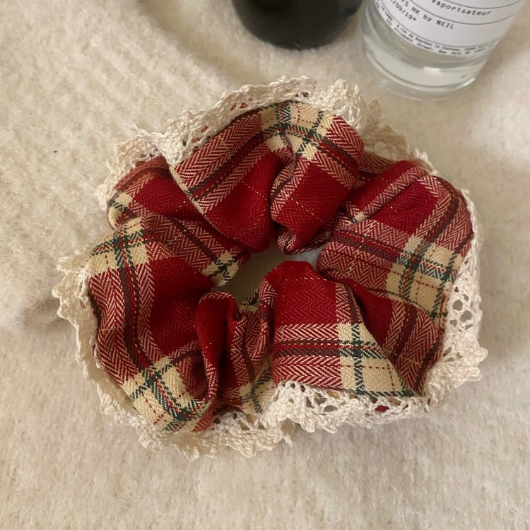 Ballet College Style New Year red plaid fabric large intestine ring French retro hair band hair rope tie ball head hair accessories_voghion.com
