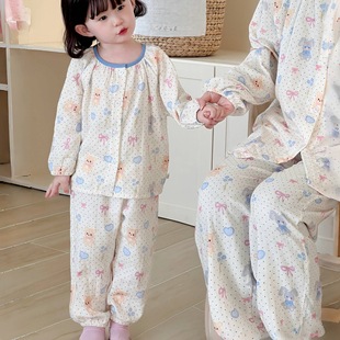Parent-Kids Home Clothes 2025 Kidsren's Spring and Summer Cotton Gauze Cartoon Home Clothes Kidsren's Pajamas and Pajamas Family Suits