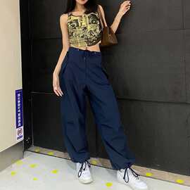 现货ICVI 撞衫藏蓝色复古超宽松纸袋裤气质赫本风小众阔腿裤女
