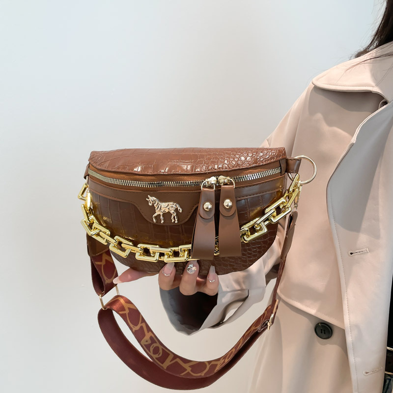 Cross-border New Chain Fashion Solid Color Oil Wax Leather Shoulder Bag Women's Waist Bag Personalized Motorcycle All-match Crossbody Bag