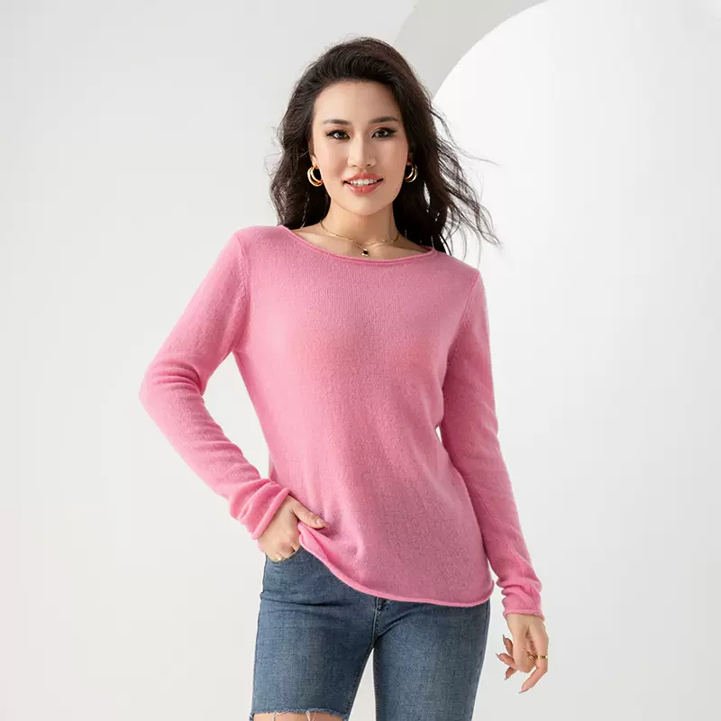 跨境热销春秋冬薄款套头圆领针织衫打底休闲保暖长袖纯羊绒毛衣女