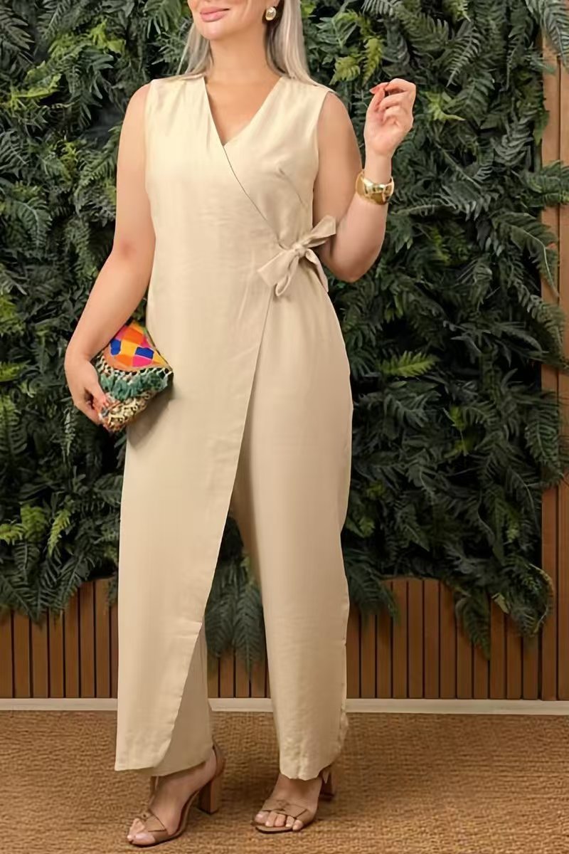 Damen V-ausschnitt Jumpsuit Mit Bindegürtel Sommer Romper Einteiler_voghion.com