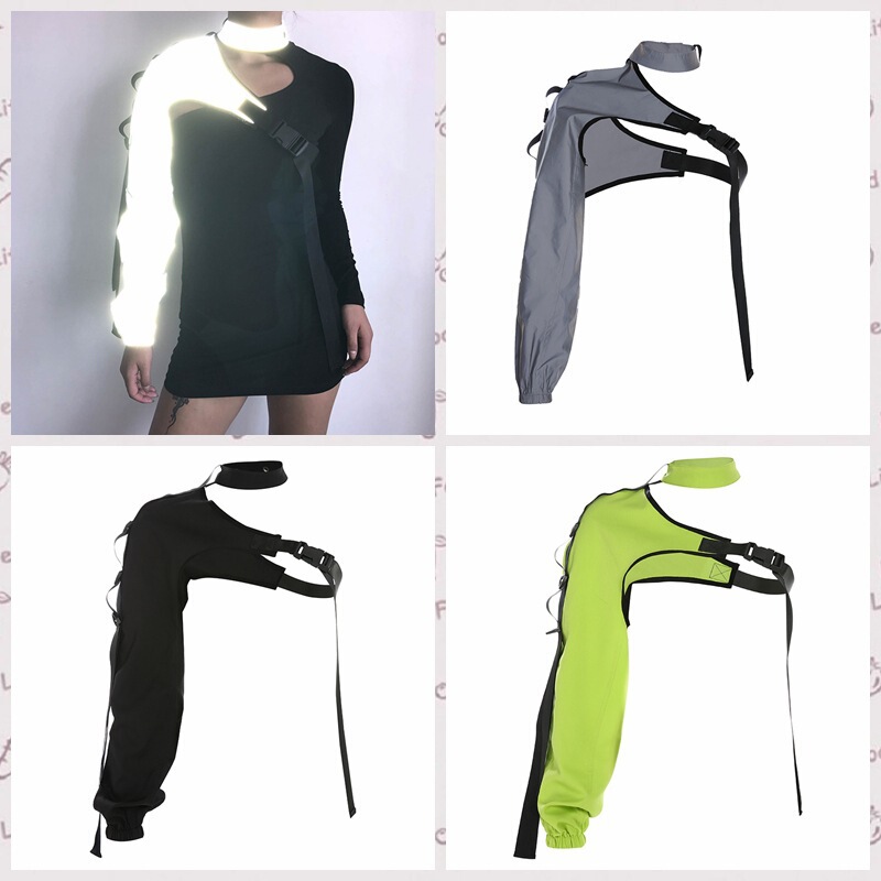 Cross-Border European and American Fashion Bf Style Asymmetrical One-Shoulder Long-Sleeve Top with Backpack Buckle and Reflective Patchwork 2025 Cross-Border European and American Fashion Bf Style Asymmetrical One-Shoulder Long-Sleeve Top with Backpack Buckle and Reflective Patchwork 2025
