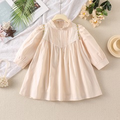 New Autumn Children's Dress for Girls - French Retro, Unique Hepburn Style, Pleated Stand Collar, Bubble Sleeve