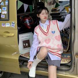 实价【绵羊绒】秋冬坎肩毛衣马夹学院风甜美爱心针织马甲背心女百