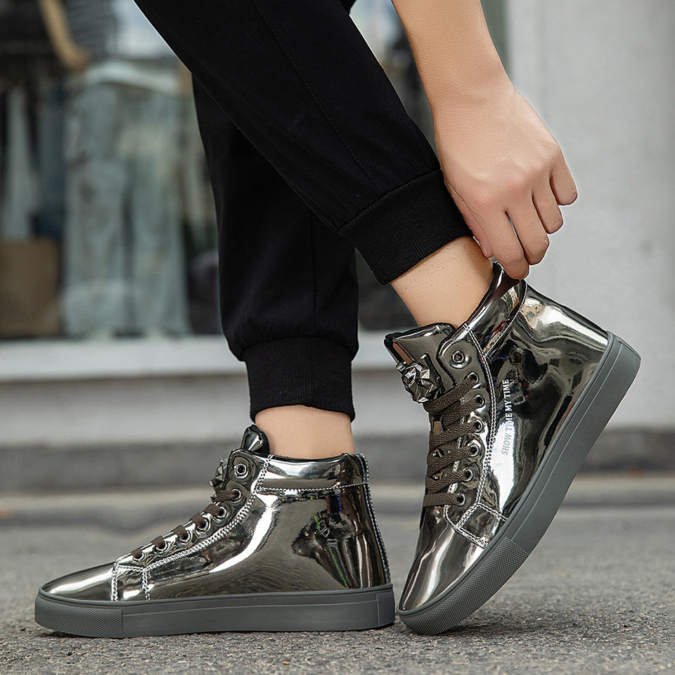 Giày sneaker nam cổ cao da bóng phong cách Hàn Quốc, giày thể thao thời trang cá tính — Bạc, màu xanh, màu đen, màu đỏ chi tiết 18
