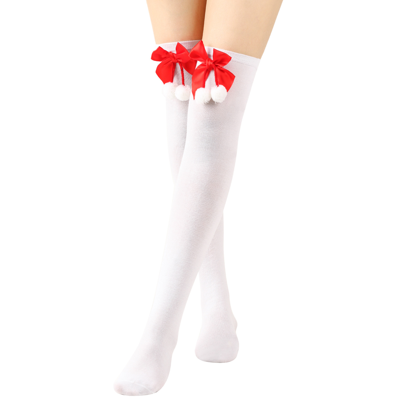 Calzini natalizi unisex con fiocco, calzini a palla, sopra il ginocchio, calzini lunghi da donna, calzini natalizi a righe_voghion.com