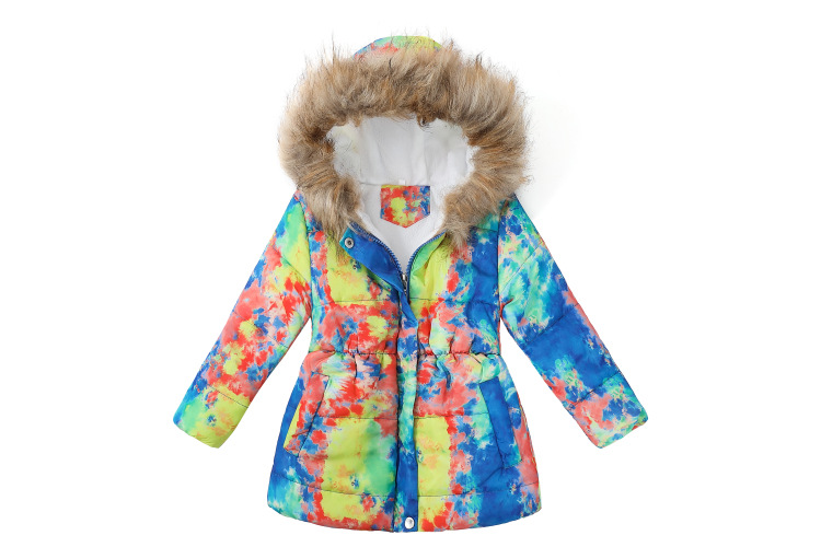 Roupas infantis Novas meninas inverno longo com capuz gola de pele casaco de algodão estampado jaqueta de algodão infantil_voghion.com
