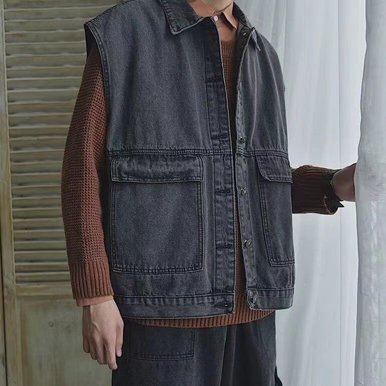 Summer Denim Vest Men's Jacket Korean Style Loose Sleeveless Outerwear Trendy Workwear Vest Jacket Trendy