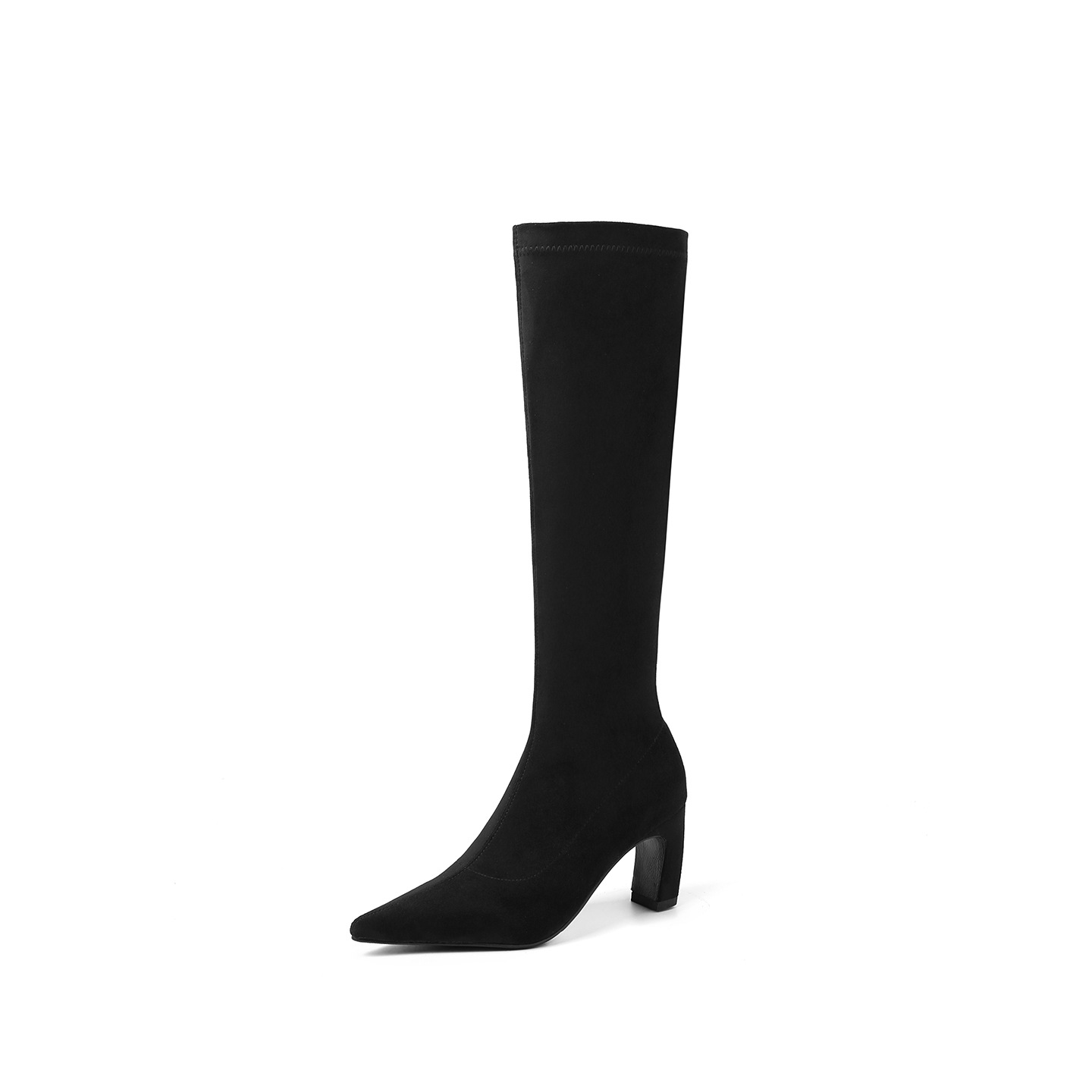 Boot nữ cổ cao da lộn mũi nhọn gót dày ôm chân — Lớp lót đơn màu mơ