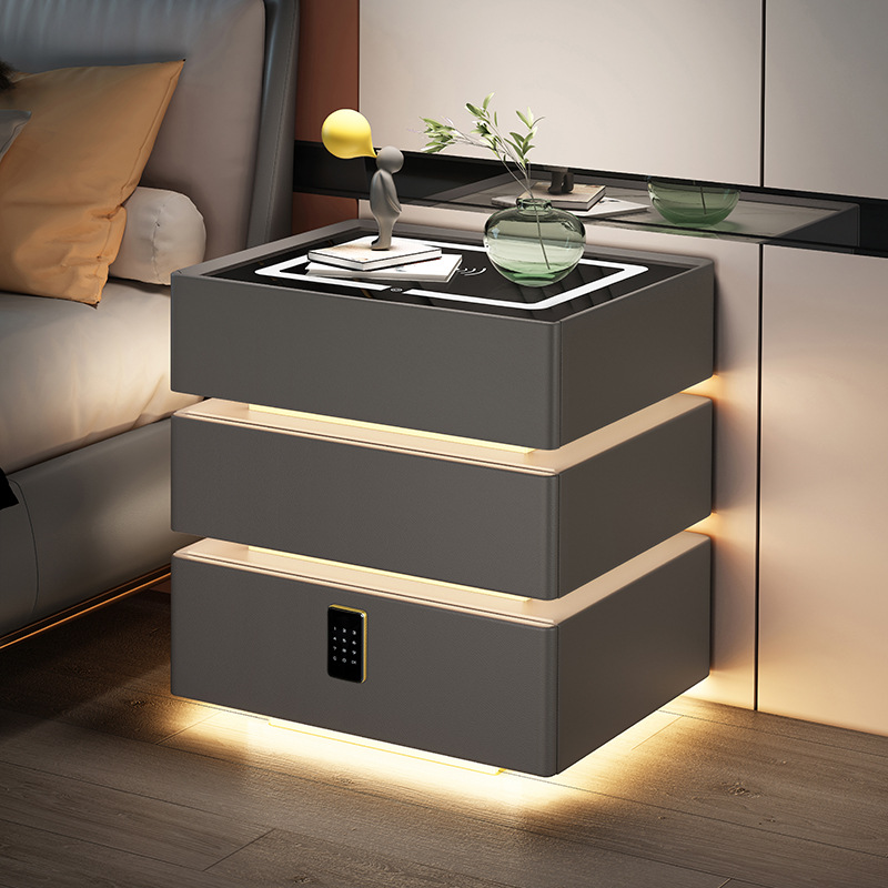 2025 meseta de cabecera flotante nueva sensación de lujo ligero de alto nivel de almacenamiento del dormitorio pequeño gabinete cuadrado de tres capas de cajón gris claro 40 ancho