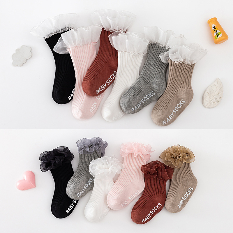 Lace Mid-Socks Women's Solid Color Vertical Strip Baby Mid-Socks Korean Style Princess Combed Cotton Baby Non-slip Floor Socks