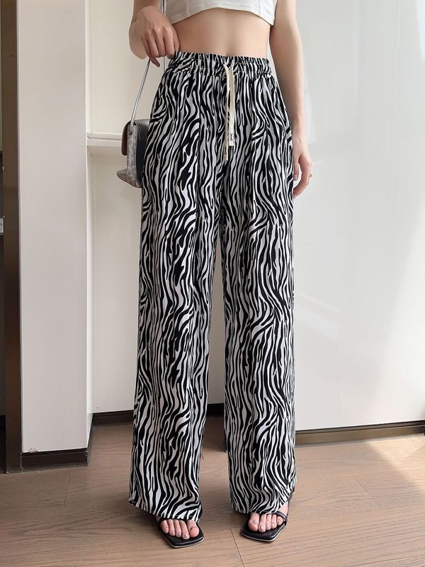 ハイエンドプリントハイウエスト薄い綿シルクワイドレッグパンツ女性の夏のドレープストレートルーズウエスト人工綿カジュアルパンツ|undefined