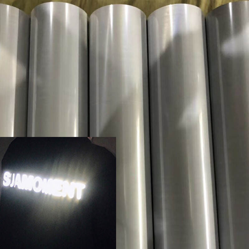 耐水洗银色反光转印膜丝网印刷字母图案高亮白色半透明反光植珠膜