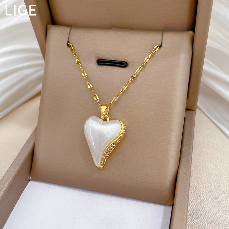 Collana elegante a cuore con perla e diamanti in acciaio_voghion.com