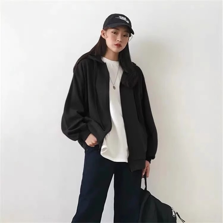Jacket gris pálido chaqueta cardigan con capuzas mujeres simple primavera y otoño nuevo estilo casual de tamaño grande suelto chaqueta versátil