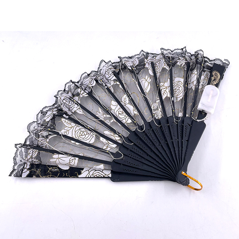 #593-2 7寸-6V双功能-发光玫瑰蕾丝扇黑底暖白色