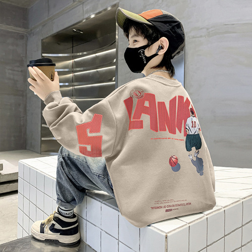 Boys' spring and autumn sweatshirts 2024 new medium and large boys' letter solid color bottoming shirts children's autumn children's clothing trend