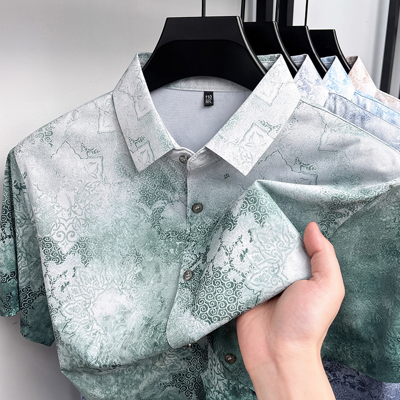 Ice Silk Shirt for Men, New Summer Style, Cross-Border Beach Anti-Wrinkle Stretchy Fashion Casual Top, Men's Printed Shirt