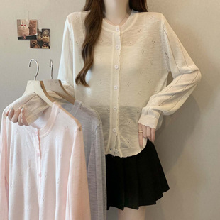 2025 New Summer Style Cut Out Single-Breasted Breathable Ice Silk Sun Protection Cardigan Women's Large Size Loose Versatile Top