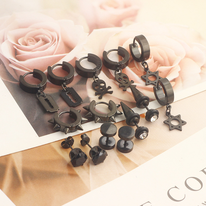 Earrings Classification 1 Set Quantity Punk Round Stainless Steel Inlay Zircon Earrings 1 Set