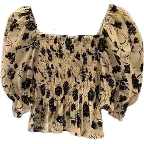 [Original workmanship] 2024 summer thin style with waist and waist to show slimming and belly cover French square neck top with ruffled and bubble sleeves