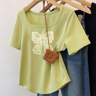 Plus Size Women's Short-Sleeved Shirt Women's Summer Style Printed Versatile Loose Square Collar Design Niche Slimming Top