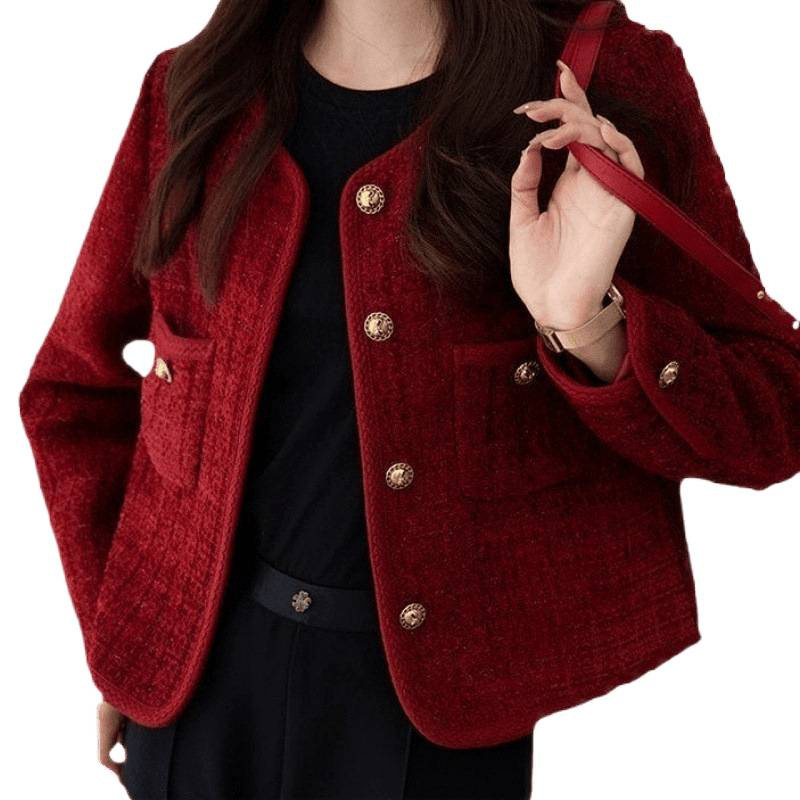 新商品の重工のワインレッドの小さい香風のコートの女性の秋冬のフランスの気質の百合の名媛の粗い花の上着|undefined