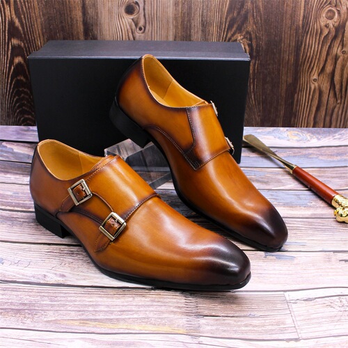 Men's Leather Shoes Genuine Leather Buckle Monk Shoes Business Formal Shoes Brown Black Pointed Toe Handmade Leather Shoes for Men
