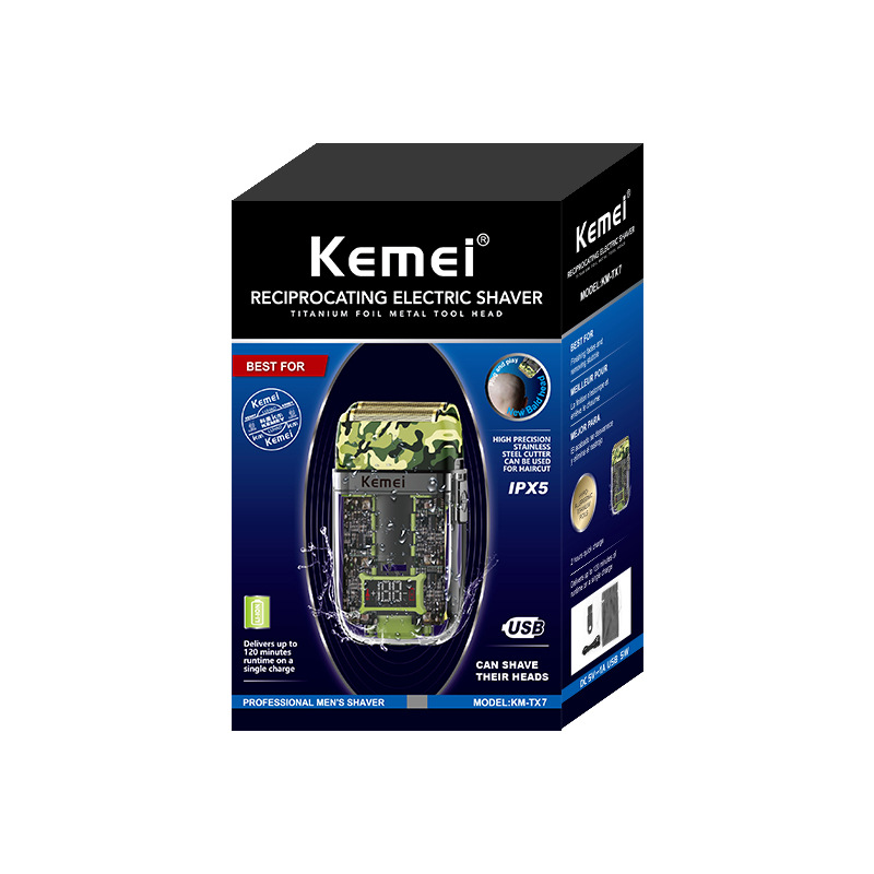Afeitadora eléctrica Kemei KM-TX7, afeitadora recíproca transparente resistente al agua, recortadora de barba recargable por USB, portátil