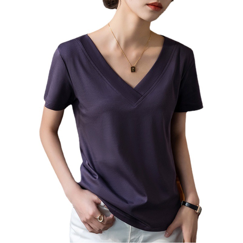 Camiseta de manga corta de algodón mercerizado con tacto helado para mujer, nueva colección de ropa femenina para el verano de 2025, camiseta de algodón puro con cuello en V de borde ancho, top elegante que realza la figura. image 1