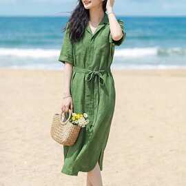 高级感简单大方温柔的绿色亚麻衬衫连衣裙女2026年夏季新款长裙