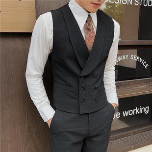 Foreign Trade Men's Plaid Suit Vest Korean Style Slim Fit Double-Breasted Lapel Men's Casual Formal Vest