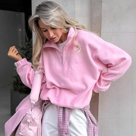 Autumn and Winter European and American Hot Street Pink Lapel Polar Fleece Sweatshirt American European and American Tops Cross-Border Wholesale Women's Clothing